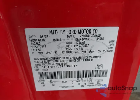 2007 Ford F-150 Fx4/Lariat/Xlt z USA, uszkodzony, nr VIN 1FTPW14V57FB89017